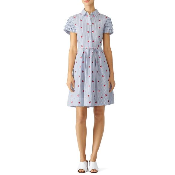 Draper James Cherry Orchard Ruffle Shirtdress Blue Collared Short Sleeve Sz 2 - Picture 1 of 11